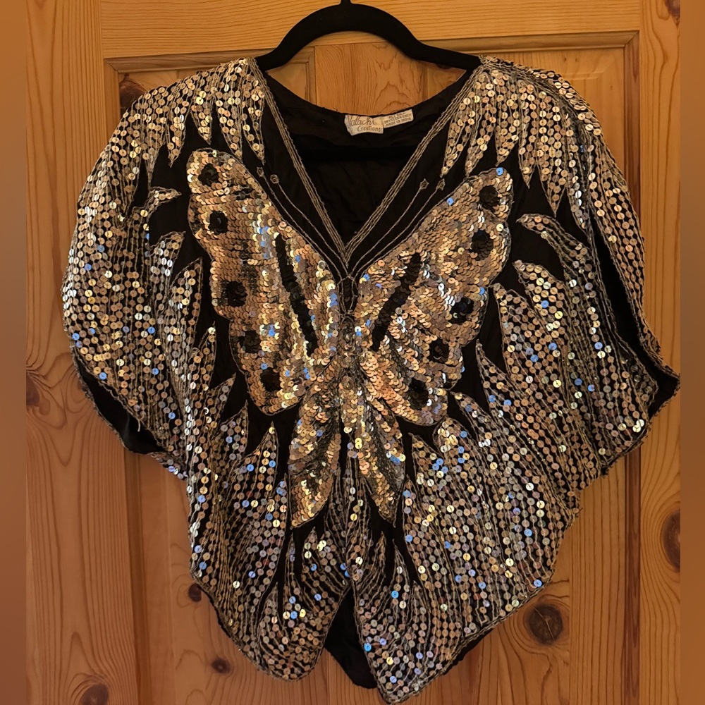Sequin Butterfly Black Top